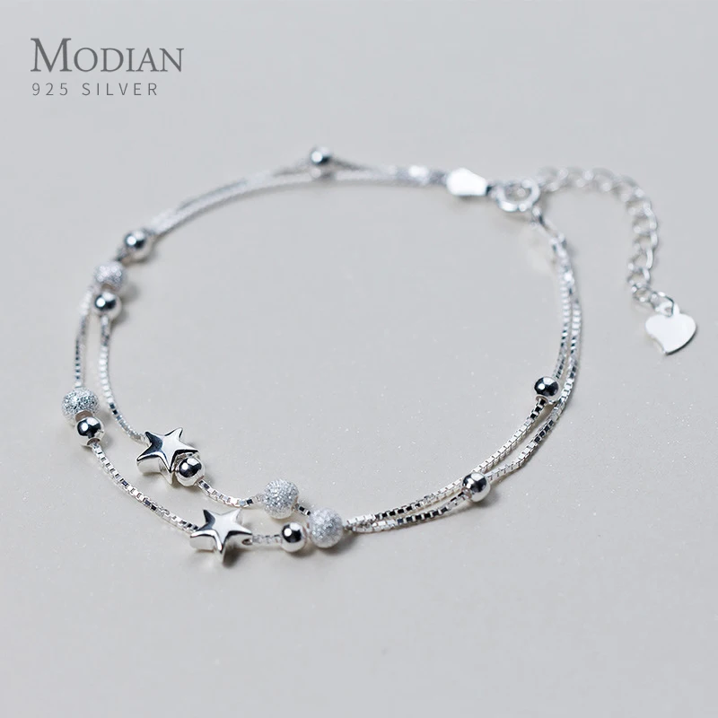 Modian новые серебряные бусины 925 пробы Stars Удобная двойная Слои женский браслет с
