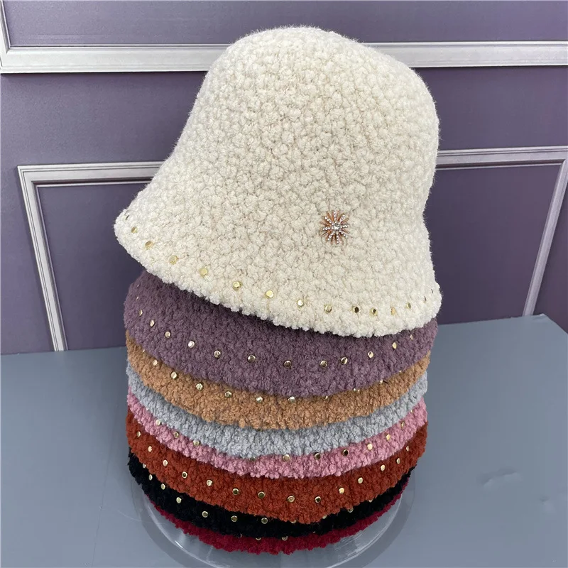 

Новая модная Панама, шляпа рыбака, Женская осенне-зимняя ивовая шляпа для ногтей, стразы, утолщенная теплая бархатная шляпа из ягненка