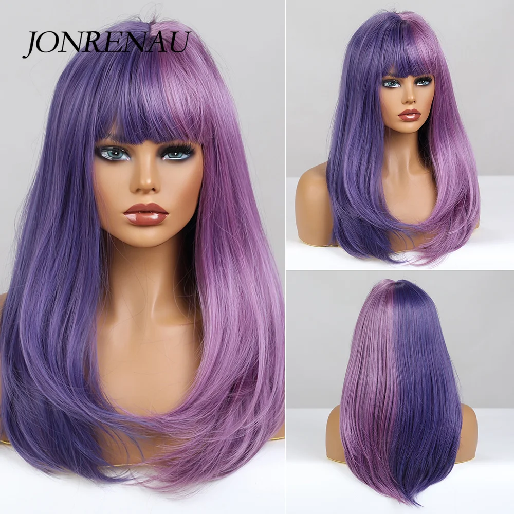 

JONRENAU Halloween Orange Purle and Blue Wigs Long Wavy hair Cosplay With Bang Two Tone Ombre Color for Women Synthetic Hair Wig