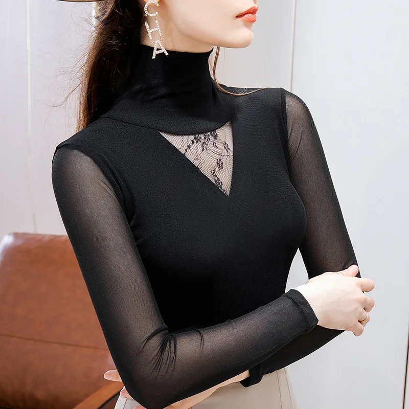 Black high collar base coat for women in autumn and winter with long sleeve T-shirt and sexy tight stitching mesh top
Black high collar base coat for women in autumn and winter with long sleeve T-shirt and sexy tight stitching mesh top