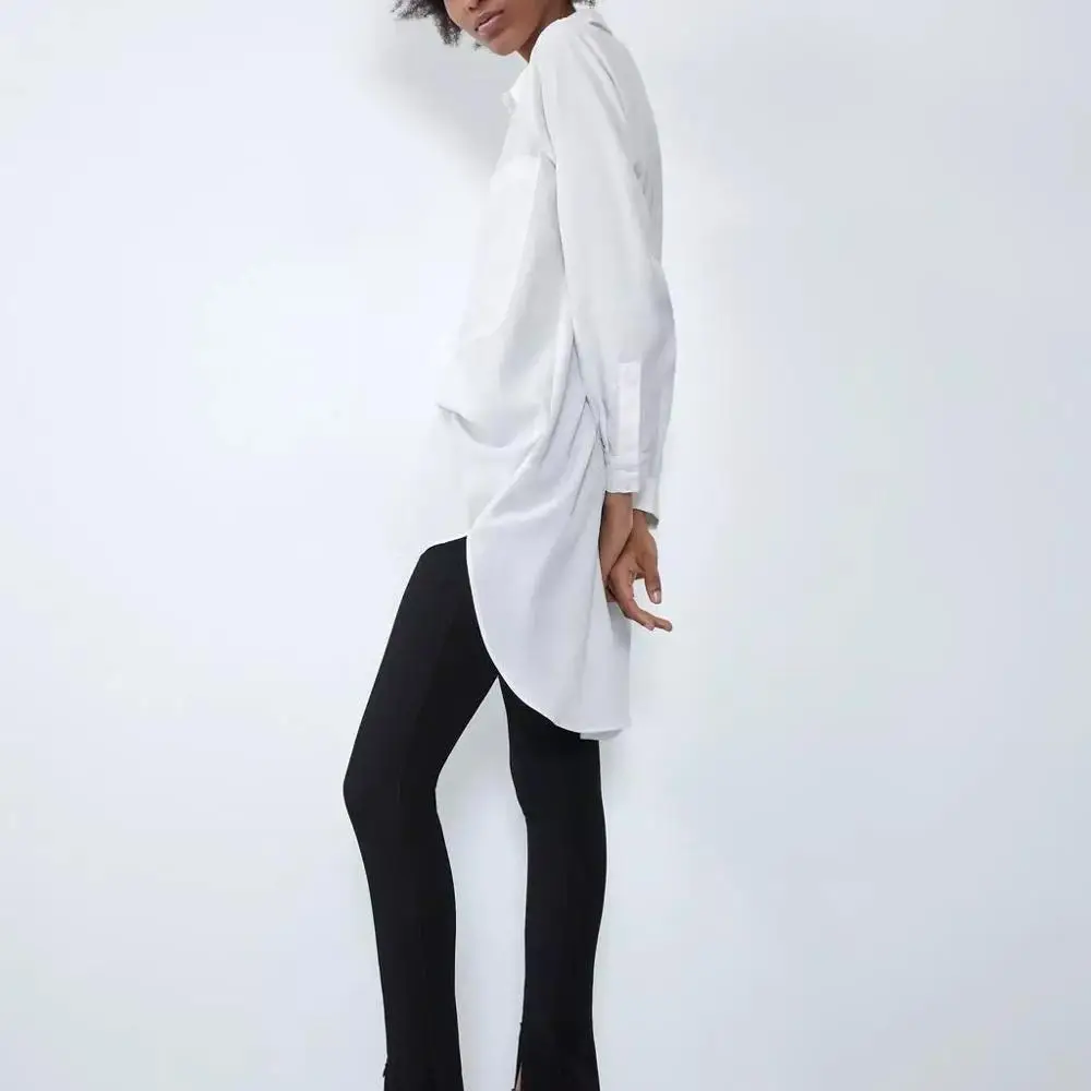 ZA Новая блузка рубашка женские белые длинные атласные топы длинный рукав базовый