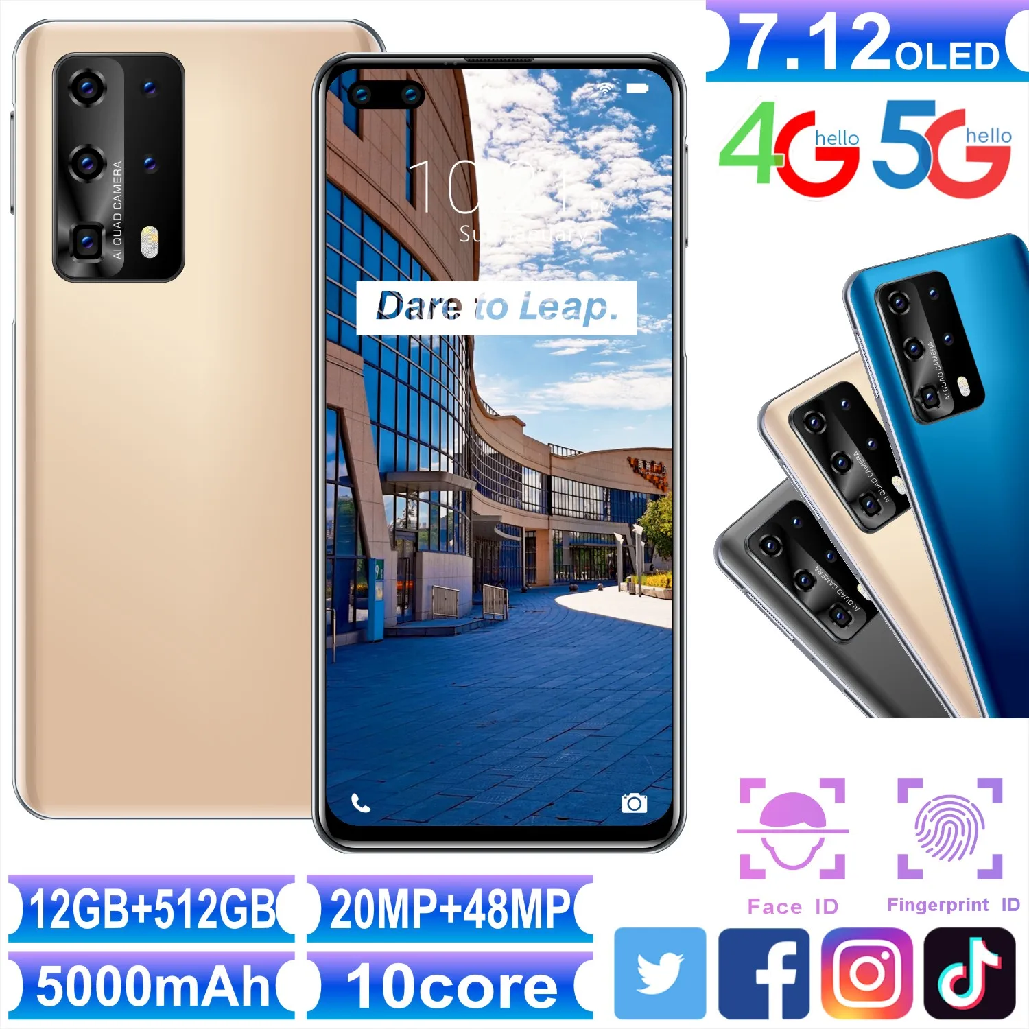 P40 Pro+ 12+512GB 7.12 Inch 20+48MP 5000mAh Deca Core Andriod Smart Phone MTK6889 Face Fingerprint Unlock Dual SIM Mobile Phones
P40 Pro+ 12+512GB 7.12 Inch 20+48MP 5000mAh Deca Core Andriod Smart Phone MTK6889 Face Fingerprint Unlock Dual SIM Mobile Phones