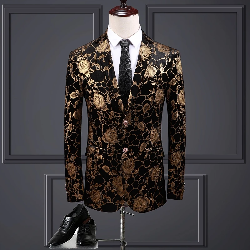 Gold Rose Printing Blazer Groom Wedding Suit Party Nightclub Bar Male Jacket Casual Business Coat Singer Host Costume
Gold Rose Printing Blazer Groom Wedding Suit Party Nightclub Bar Male Jacket Casual Business Coat Singer Host Costume