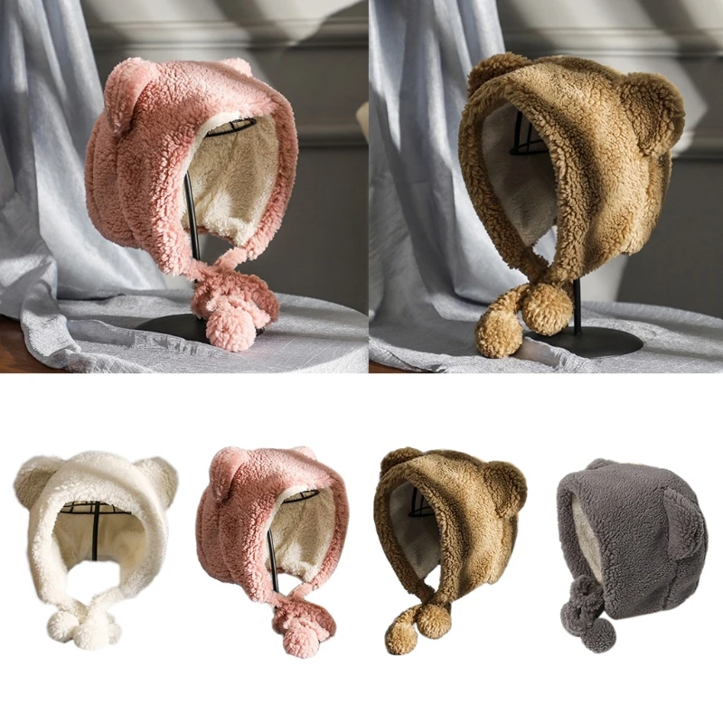 

Женская зимняя плюшевая шапка-ушанка с милыми медвежьими ушками с помпоном, термооблегающие шапки