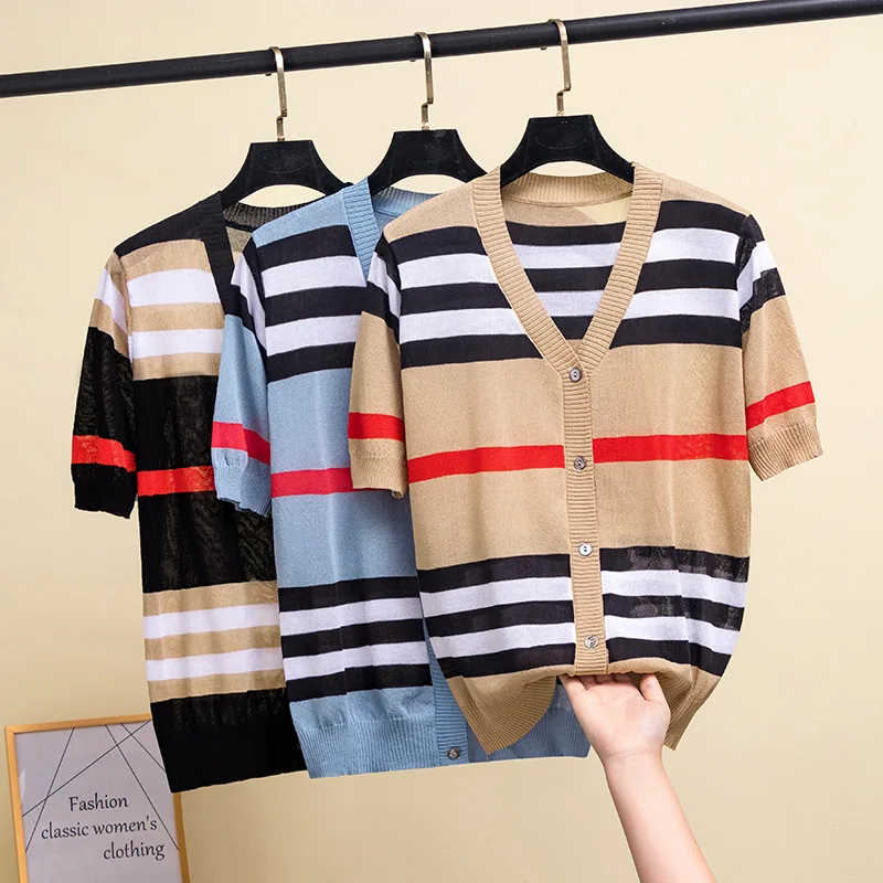 

UVRCOS 2021 Summer New V-Neck Stripe Loose Short Sleeve T-Shirt Women's Knitting Thin Cardigan