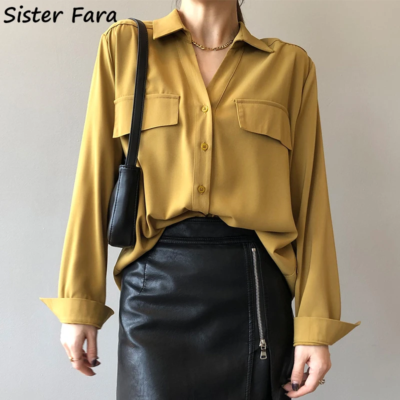 Женская свободная рубашка Sister Fara, элегантная однобортная блузка с отложным воротником и двумя карманами, осенняя Повседневная Блузка
Женская свободная рубашка Sister Fara, элегантная однобортная блузка с отложным воротником и двумя карманами, осенняя Повседневная Блузка