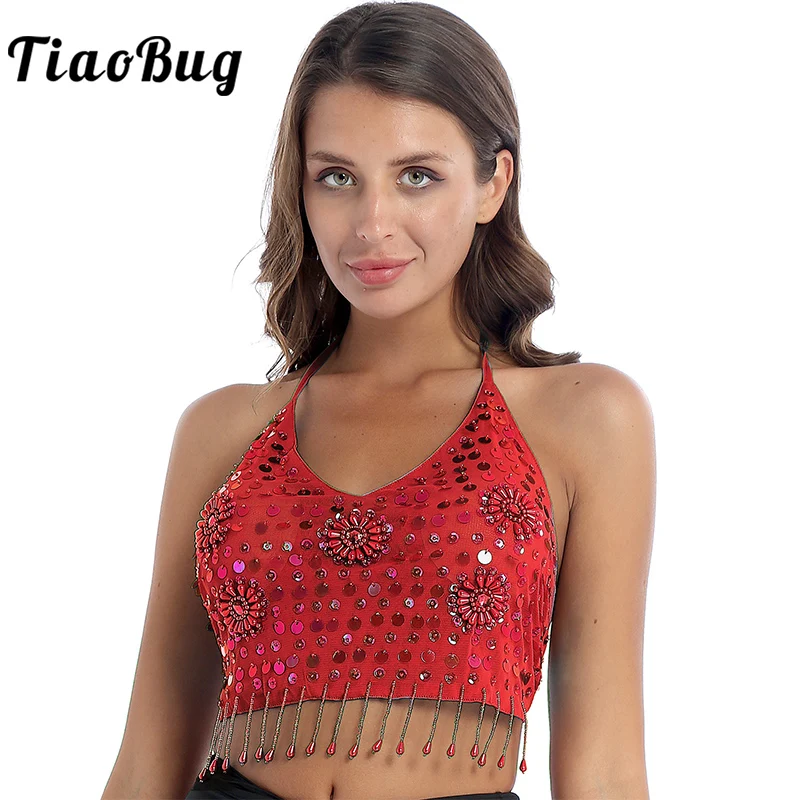 

Women Latin Belly Dance Costume Sequins Halter Lace-Up Beaded Tassels Padded Bra Performance Festival Rave Party Sexy Crop Tops