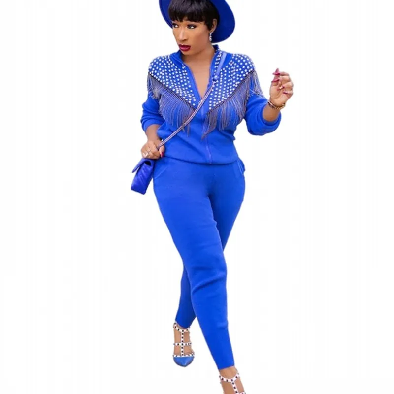 Tracksuit Two Piece Women Set Zipper Tops And Trousers Outfits Autumn New Fashion Tassel With Bead Casual Office Lady Pant Suits
Tracksuit Two Piece Women Set Zipper Tops And Trousers Outfits Autumn New Fashion Tassel With Bead Casual Office Lady Pant Suits
