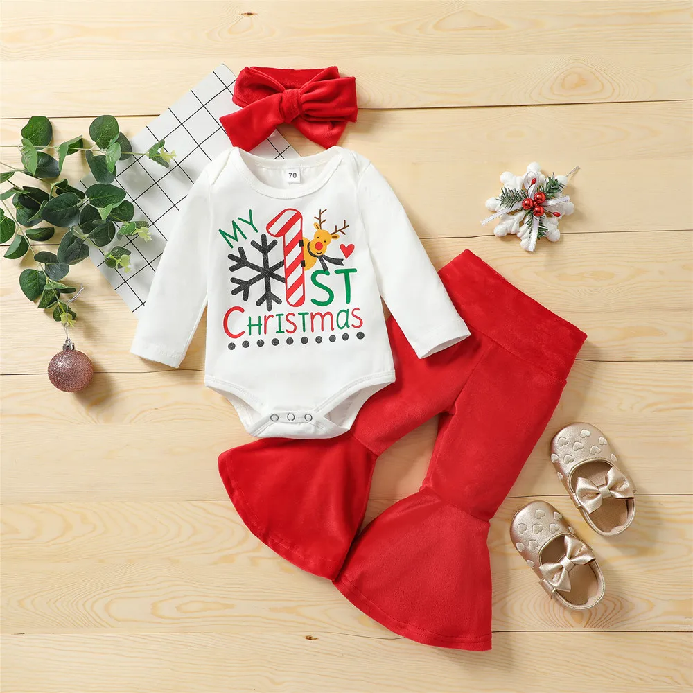 Baby Girl Christmas Clothes Set Letter Bodysuit Romper Red Flare Pants Headband 0-24M Newborn Infant Toddler Festival Costume
Baby Girl Christmas Clothes Set Letter Bodysuit Romper Red Flare Pants Headband 0-24M Newborn Infant Toddler Festival Costume