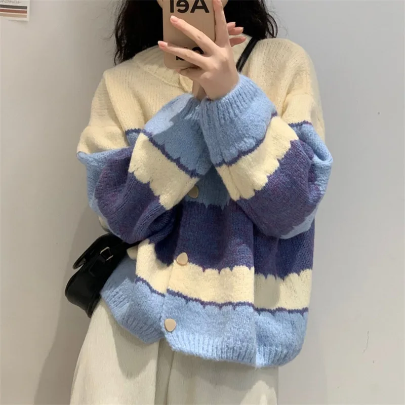 Женский кардиган в полоску, свободный контрастный свитер в японском стиле, корейский свитер, кардиган, осень 2021 
Женский кардиган в полоску, свободный контрастный свитер в японском стиле, корейский свитер, кардиган, осень 2021