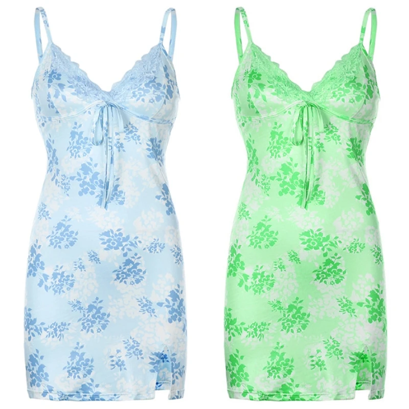 Women Sexy Spaghetti Strap V-Neck Lace Trim Bodycon Mini Dress Floral Print Side Split High Waist Camis Party Streetwear 
Women Sexy Spaghetti Strap V-Neck Lace Trim Bodycon Mini Dress Floral Print Side Split High Waist Camis Party Streetwear