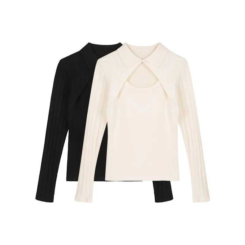 Short Knitting Tops Office Lady Fake Two Piece Lapel Button Hollow Design Women Pullover Straight T-Shirts French Style Solid
Short Knitting Tops Office Lady Fake Two Piece Lapel Button Hollow Design Women Pullover Straight T-Shirts French Style Solid
