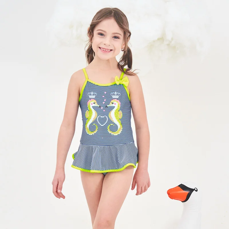 Детский слитный купальник для девочек купальный костюм в полоску с воланом на
