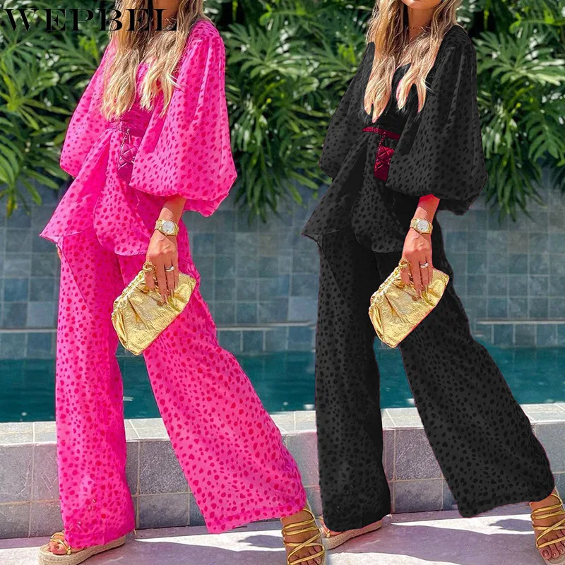 WEPBEL Women Elegant Long Pants Suit Set Outfits Ladies Casual Fashion Print Lantern Sleeve V Neck Shirt + Wide Leg Trouser Set
WEPBEL Women Elegant Long Pants Suit Set Outfits Ladies Casual Fashion Print Lantern Sleeve V Neck Shirt + Wide Leg Trouser Set