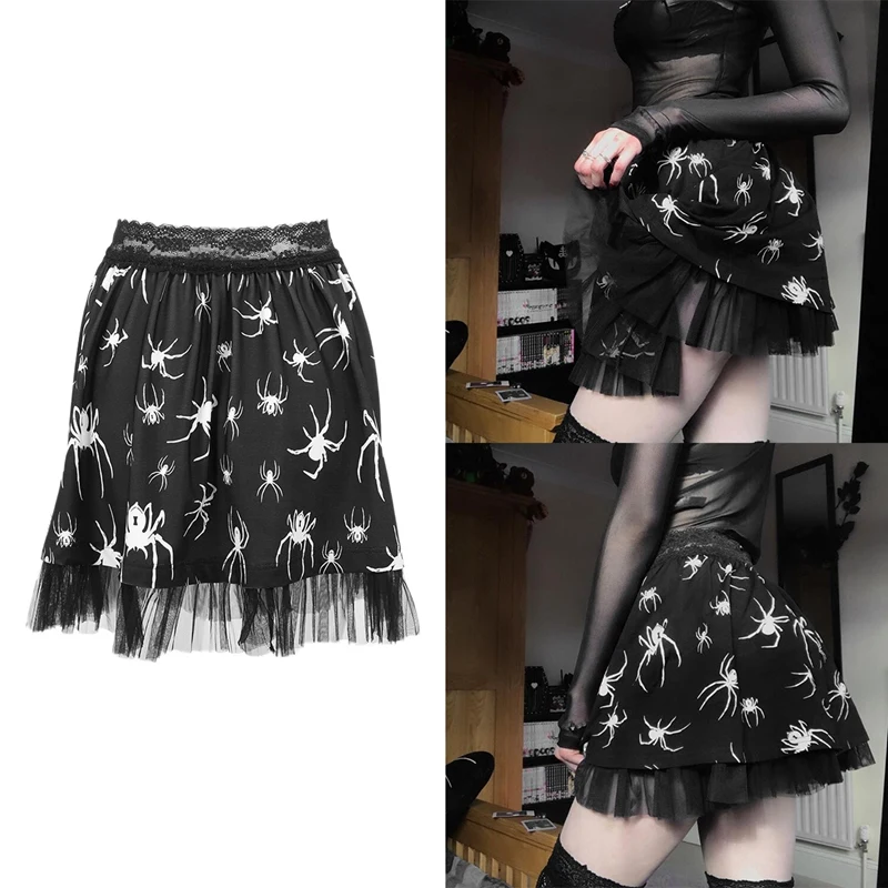 Gothic Spider Print Black Skirt High Waist Lace Patchwork Mini Skirt Punk Harajuku Summer A-Line Skirt
Gothic Spider Print Black Skirt High Waist Lace Patchwork Mini Skirt Punk Harajuku Summer A-Line Skirt