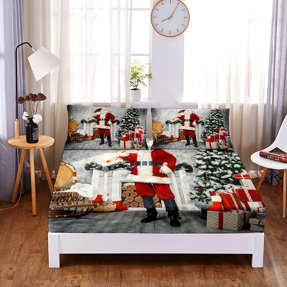 

Santa Claus Digital Printed 3pc Polyester Fitted Sheet Mattress Cover Four Corners with Elastic Band Bed Sheet Pillowcases