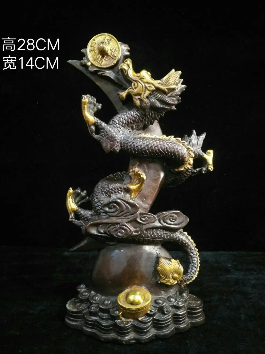 11" Tibet Buddhism Temple Old bronze Gilt Chinese dragon statue Dragon playing bead statue Implication Business is booming
11" Tibet Buddhism Temple Old bronze Gilt Chinese dragon statue Dragon playing bead statue Implication Business is booming