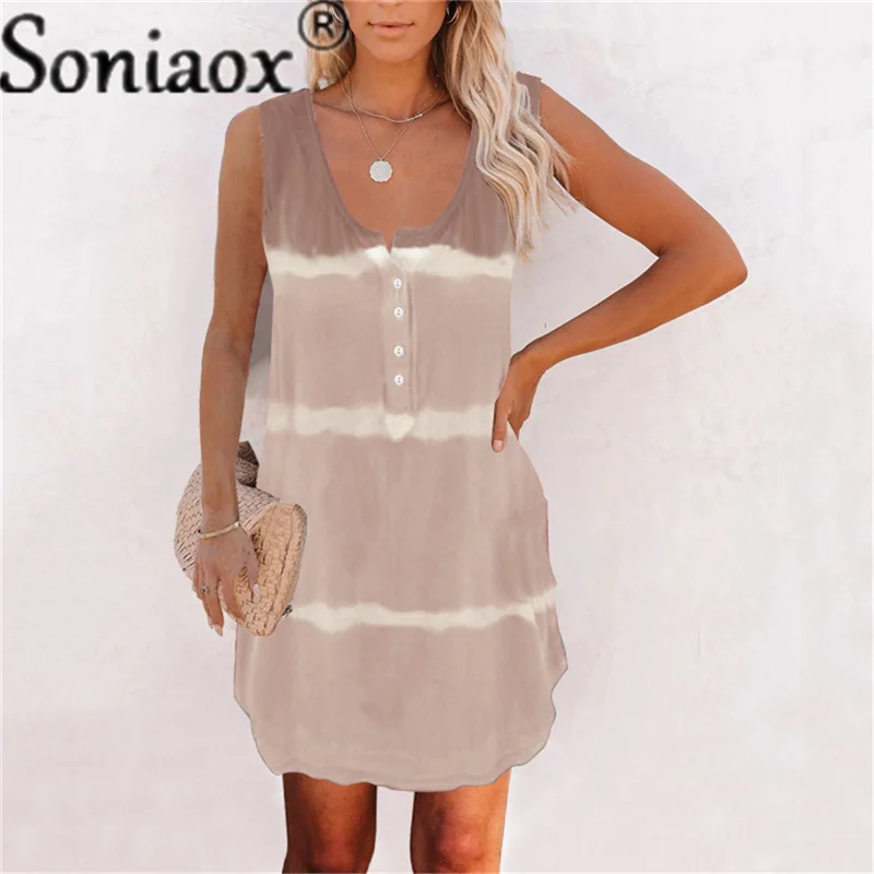 Casual Loose Women Dress V Neck Tie Dye Striped Sleeveless Dress 2021 Summer New Buttons Dresses Beach Mini Dress For Ladies 
Casual Loose Women Dress V Neck Tie Dye Striped Sleeveless Dress 2021 Summer New Buttons Dresses Beach Mini Dress For Ladies
