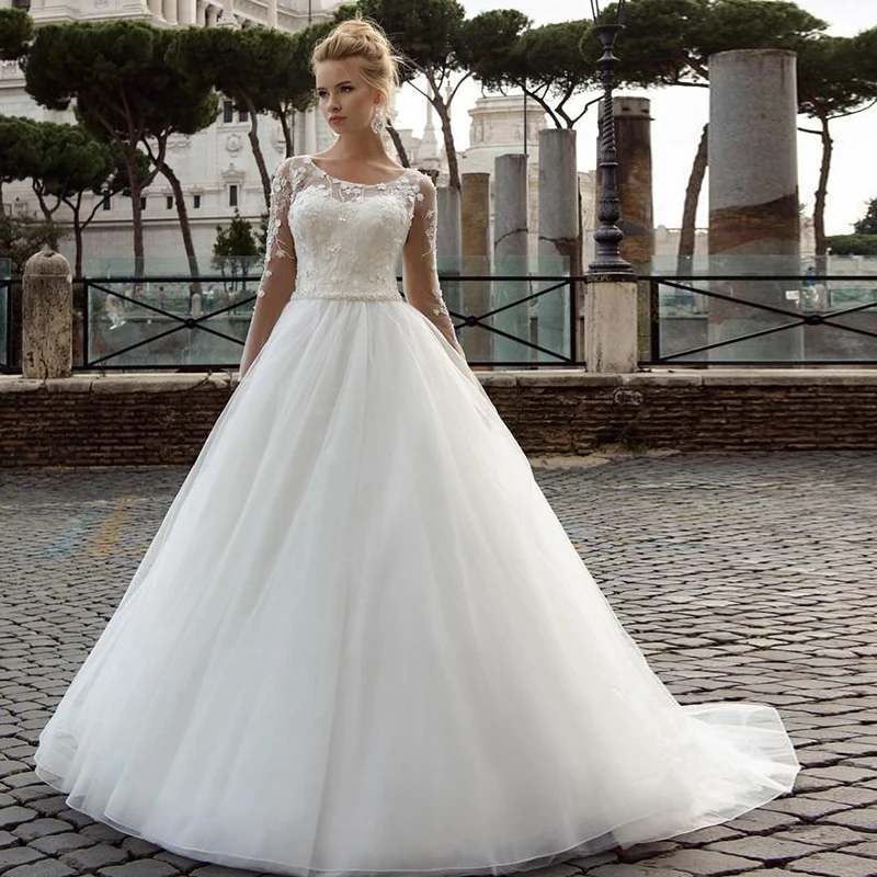 Exquisite Scoop Long Sleeve Wedding Dresses Floor Length Lace Appliques Beaded Belt Bridal Gowns robe de soirée de mariage
Exquisite Scoop Long Sleeve Wedding Dresses Floor Length Lace Appliques Beaded Belt Bridal Gowns robe de soirée de mariage