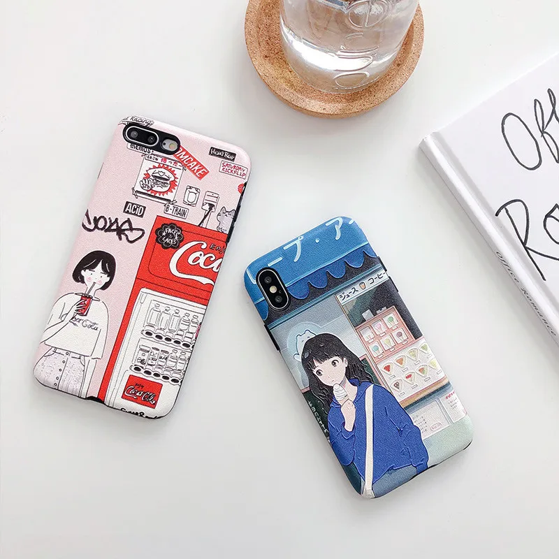Kawaii illustration Girl Korean Case For iPhone 7 Puls 6 6S 8 X Xs Max XR Cases Art Graffiti Cover Fashion Soft