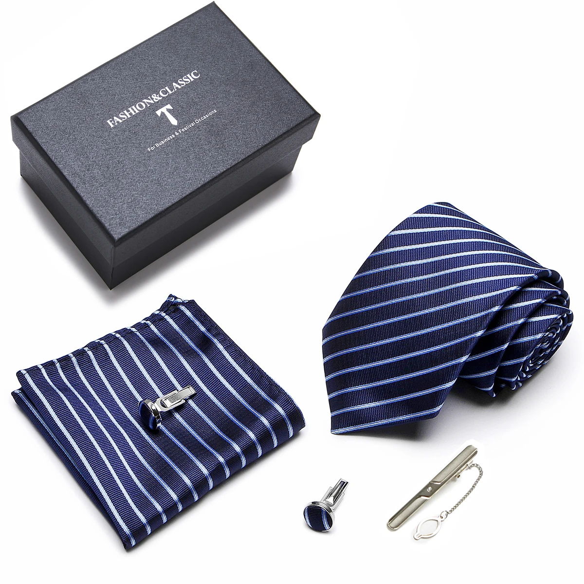 High Quality New Fashion 7.5 cm Silk Men Tie Hanky Cufflinks Tie Clip Set Classic Blue Striped Custom Gift Box
High Quality New Fashion 7.5 cm Silk Men Tie Hanky Cufflinks Tie Clip Set Classic Blue Striped Custom Gift Box