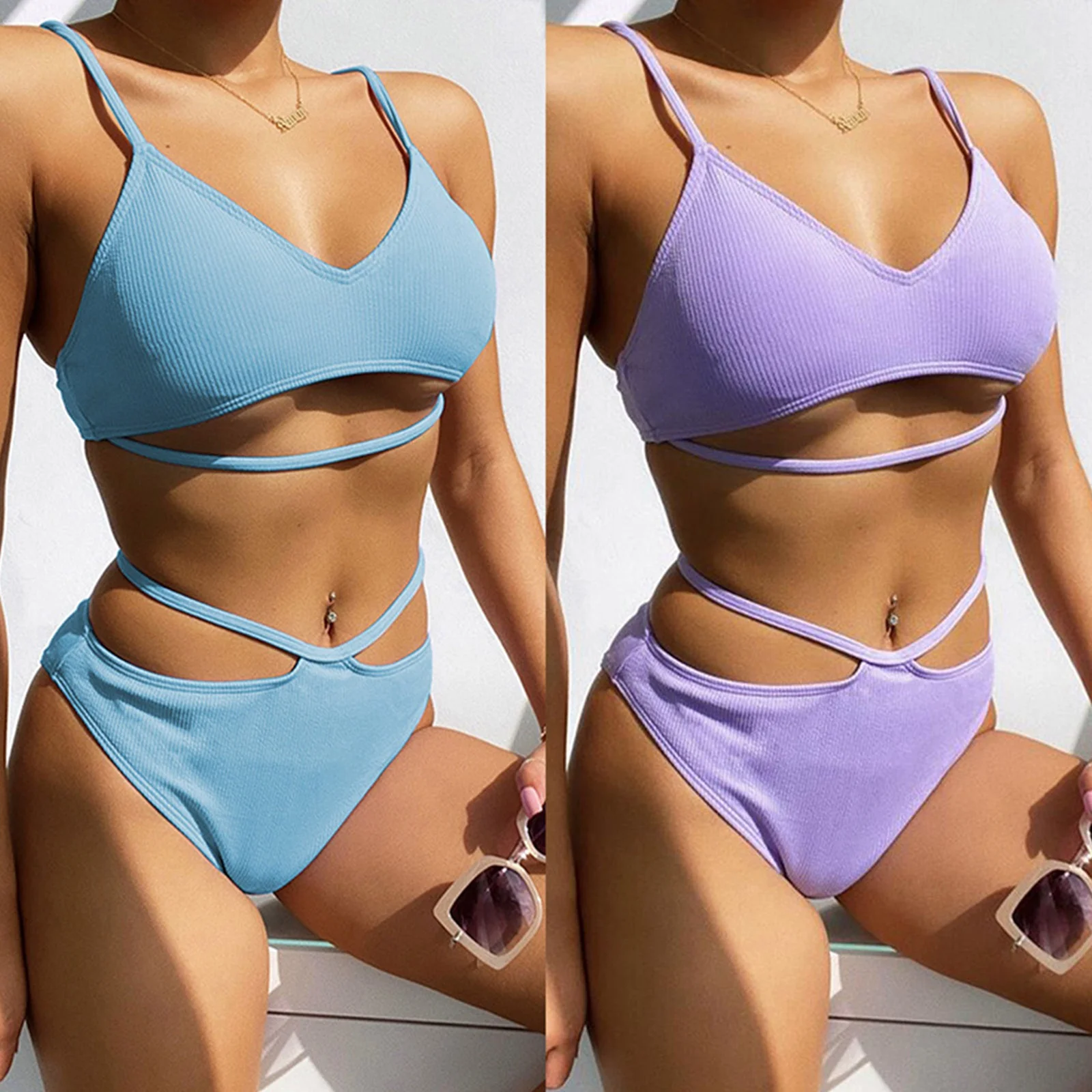 Female Bikini Set, Solid Color Two-Piece Bathing Suit V-Neck Sleeveless Crop Tops+ Bikini Panties, Purple/Sky Blue
Female Bikini Set, Solid Color Two-Piece Bathing Suit V-Neck Sleeveless Crop Tops+ Bikini Panties, Purple/Sky Blue