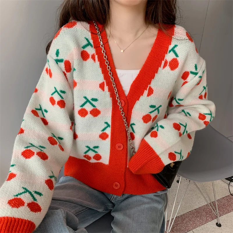 Printed Vintage Women Sweater Korean style Loose Cherry Jacquard Long-Sleeved Open Stitch knitted Cardigan Sweater Coat 66104G
Printed Vintage Women Sweater Korean style Loose Cherry Jacquard Long-Sleeved Open Stitch knitted Cardigan Sweater Coat 66104G