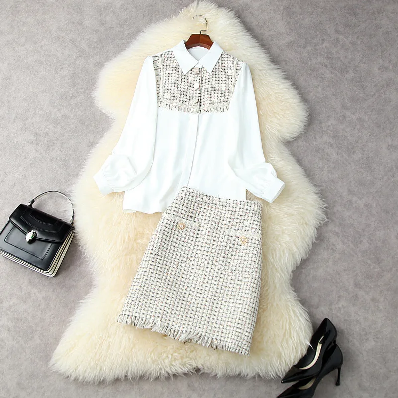 Skirt Suits 2021 Autumn Ladies Fashion Patchwork Long Sleeved Loose Shirt Top + Tweed Tassels Skirt Two Piece Set Female S-XL
Skirt Suits 2021 Autumn Ladies Fashion Patchwork Long Sleeved Loose Shirt Top + Tweed Tassels Skirt Two Piece Set Female S-XL