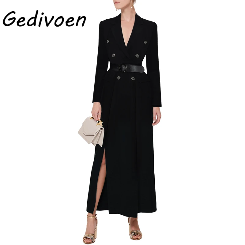 

Gedivoen Fashion Autumn Women Black Windbreaker Coat Solid Notched-Neck Sashes Luxury Gold Button Split Long Section Overcoat