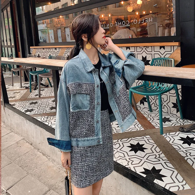 Small Fragrance Suit Women's Spring and Autumn New Style Fashion Jeans Splicing Net Red Top Short Skirt Two Piece Fashion 2020
Small Fragrance Suit Women's Spring and Autumn New Style Fashion Jeans Splicing Net Red Top Short Skirt Two Piece Fashion 2020