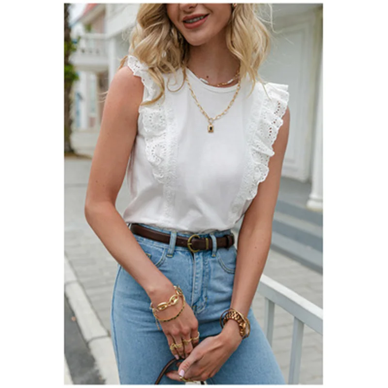 Elegant Solid Ruffled Women T-shirt Cotton White O-neck Sleeveless Tank Tops Summer White Basic All-match Female T-shirt
Elegant Solid Ruffled Women T-shirt Cotton White O-neck Sleeveless Tank Tops Summer White Basic All-match Female T-shirt
