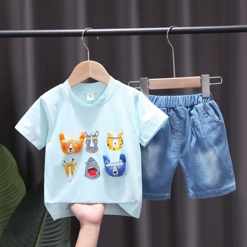 

LISUNNY 2021 Summer Baby Boys Clothing Sets Children Clothes Cartoon Short Sleeve T Shirt Denim Shorts Kids Vacation Outfit