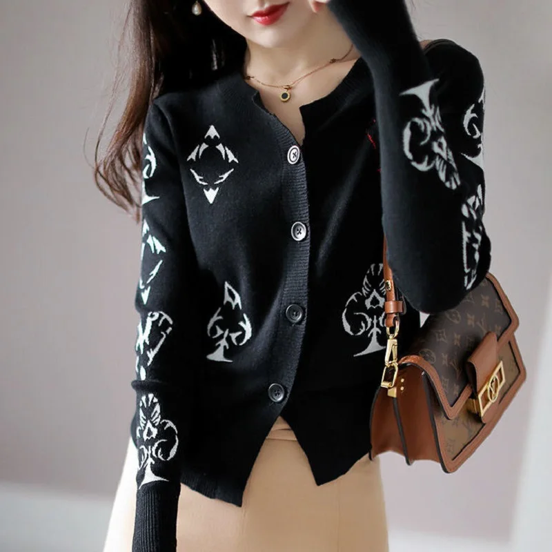 Black Print Knitted Cardigan Women's Long Sleeve Loose 2021 New Fashion Spring And Autumn Women's Sweater Foreign Style Top 
Black Print Knitted Cardigan Women's Long Sleeve Loose 2021 New Fashion Spring And Autumn Women's Sweater Foreign Style Top