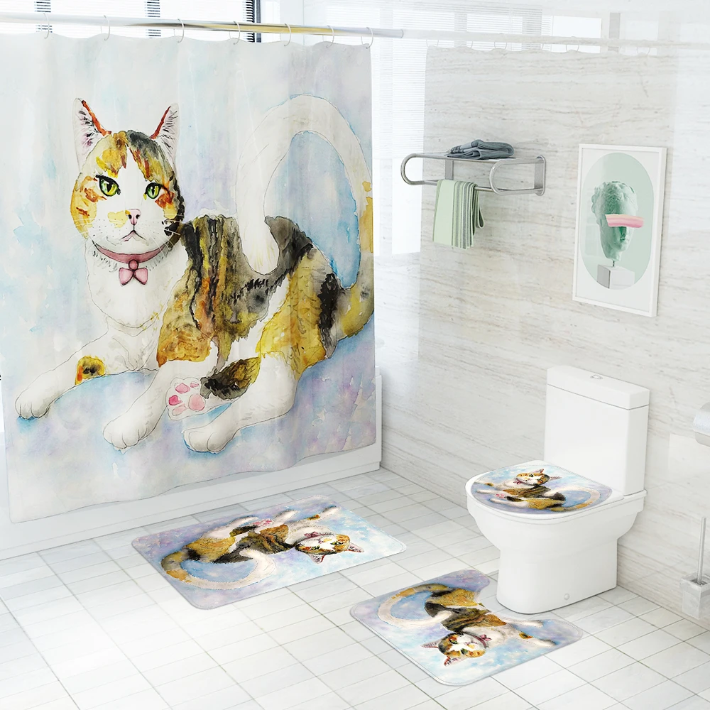 Cat Printed Shower Curtain Floor Mat Set Bathroom Toilet Lid Cover Non-slip Carpet Bath Mat Set Flannel Floor Mat With 12 Hooks
Cat Printed Shower Curtain Floor Mat Set Bathroom Toilet Lid Cover Non-slip Carpet Bath Mat Set Flannel Floor Mat With 12 Hooks