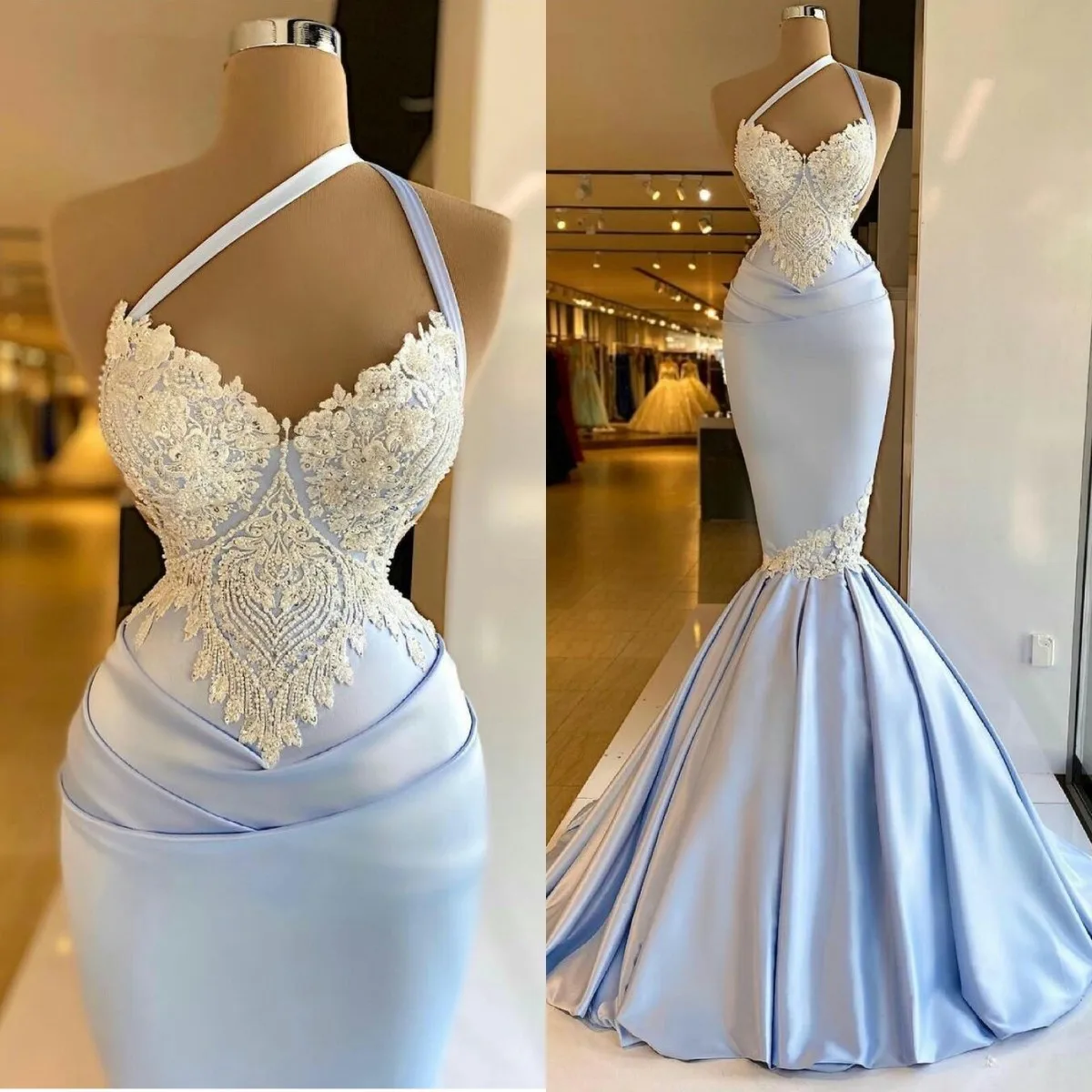 Sky Blue Evening Dresses Beaded Appliques Satin Sweep Train Mermaid Prom Dress Custom Made Women Formal Robes De Soirée
Sky Blue Evening Dresses Beaded Appliques Satin Sweep Train Mermaid Prom Dress Custom Made Women Formal Robes De Soirée