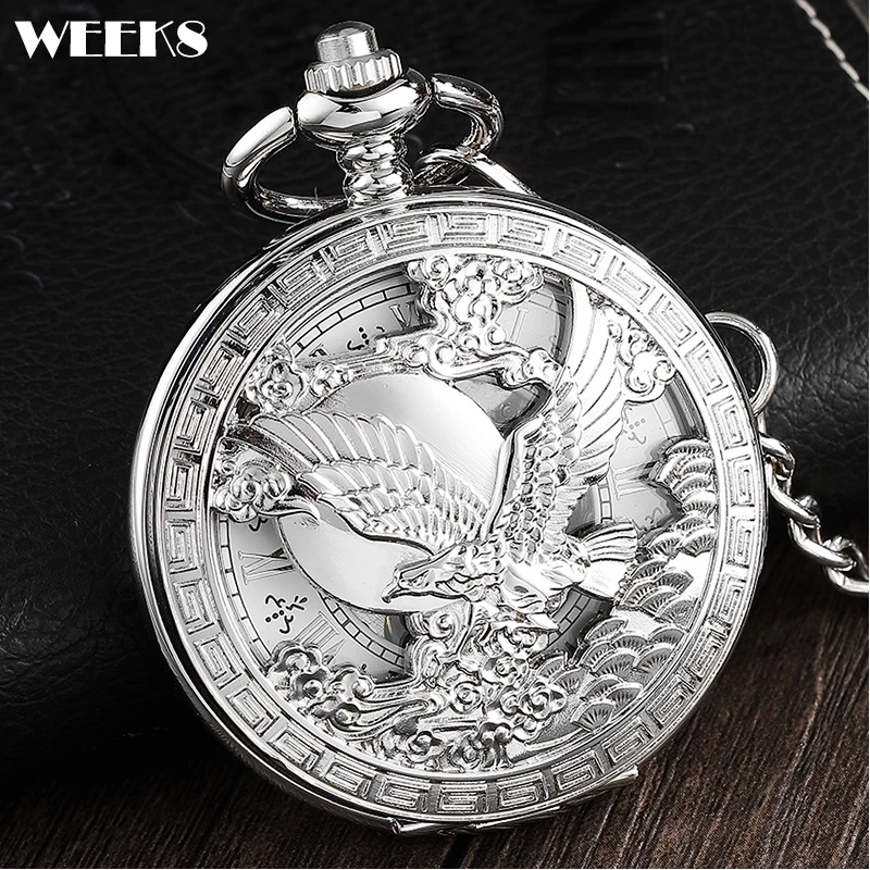 

Roman Numeral Mechanical Pocket Watch Luxury Vintage Steampunk Skeleton Animal Eagle Engraved Fob Chain Clock for Men Women