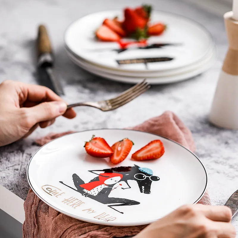 8 inch 4PCS SET Bone China Black Edge Dinner Plates Little Red Hat Ceramic Plate Salad Steak Plate Dim Sum Dinnerware Set
8 inch 4PCS SET Bone China Black Edge Dinner Plates Little Red Hat Ceramic Plate Salad Steak Plate Dim Sum Dinnerware Set