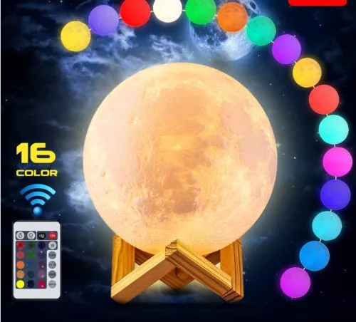 Rechargeable 3D Print Moon Smart Lamp 2 Color Change Touch Switch Bedroom Bookcase Light Home Decor With Wood Holder | Электроника