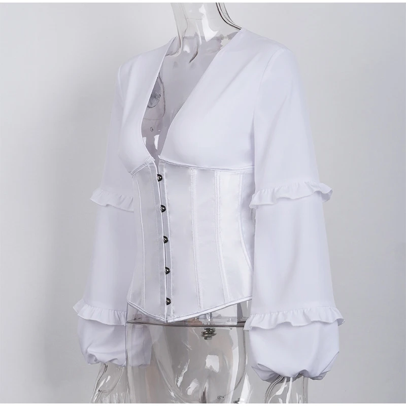 Bandage White Deep V-neck Women's Shirts Ruffles Long Lantern Sleeve Female Tops 2021 Summer AutumnLadies Streetwear Shirt
Bandage White Deep V-neck Women's Shirts Ruffles Long Lantern Sleeve Female Tops 2021 Summer AutumnLadies Streetwear Shirt