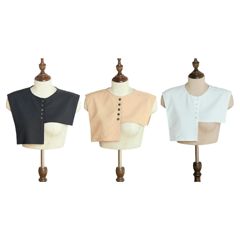 

Women Navy Style False Collar Shawl High Low Asymmetrical Scarf Shoulder Wrap Solid Color Button Necklace Vest Jacket