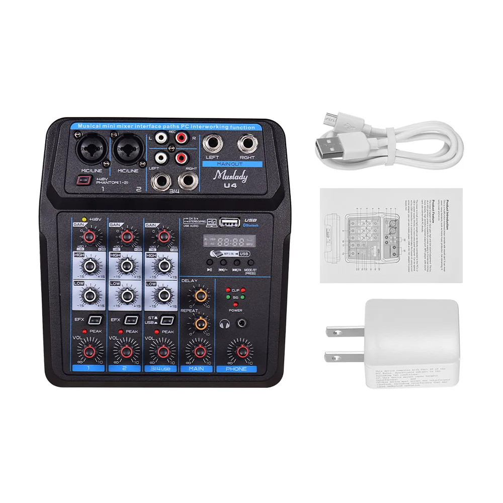 Muslady U4 качественный 4-канальный аудио миксер BT USB микшерный пульт со звуковой картой профессиональный
Muslady U4 качественный 4-канальный аудио миксер BT USB микшерный пульт со звуковой картой профессиональный