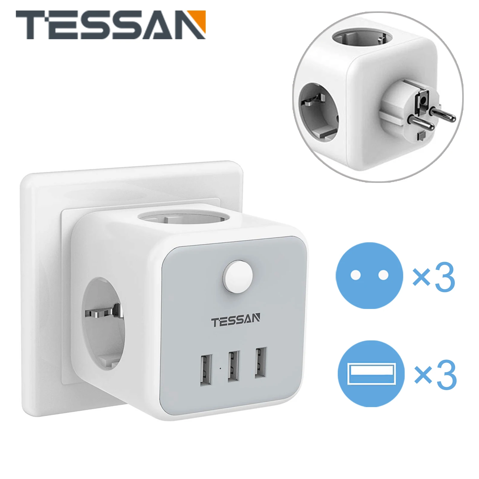 TESSAN USB Socket Cube Adapter with 3 AC Outlets and 3 USB Ports EU Wall Charger Sockets Power Extender ON/OFF Switch for Home
TESSAN USB Socket Cube Adapter with 3 AC Outlets and 3 USB Ports EU Wall Charger Sockets Power Extender ON/OFF Switch for Home