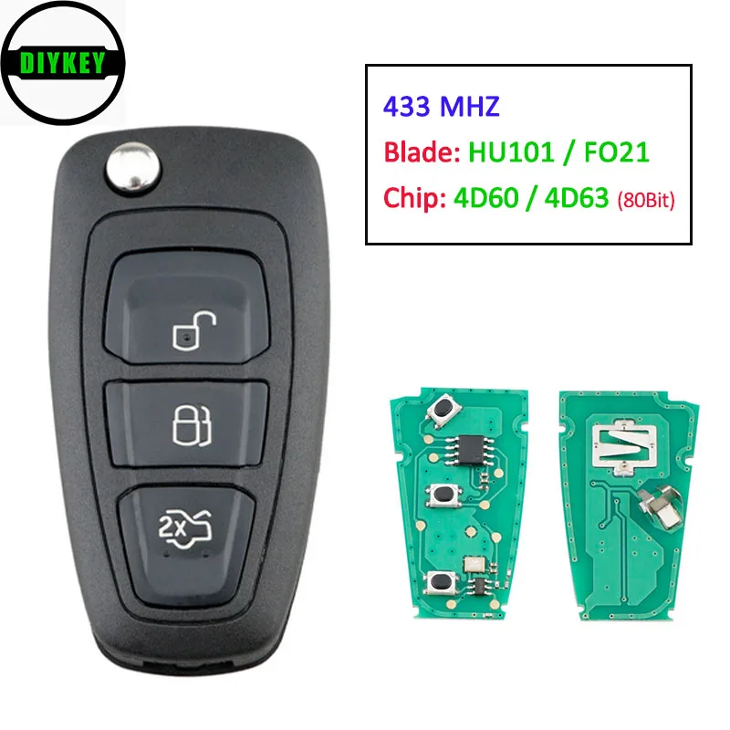 

DIYKEY Remote Car Key Fob 3 Button 433MHz 4D60/ 4D63 Chip For Ford Connect Focus Mondeo Fiesta Transit C Max Blade: HU101 / FO21