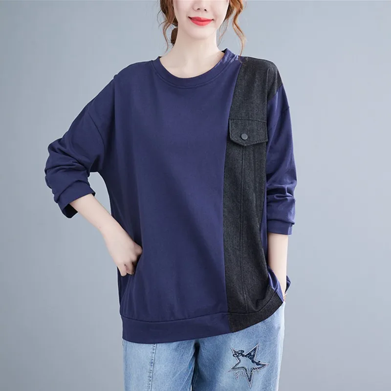 Women Long Sleeve Casual Sweatshirts New 2021 Autumn Simple Style Patchwork Color Loose Female Cotton Tops Pullovers B1210
Women Long Sleeve Casual Sweatshirts New 2021 Autumn Simple Style Patchwork Color Loose Female Cotton Tops Pullovers B1210