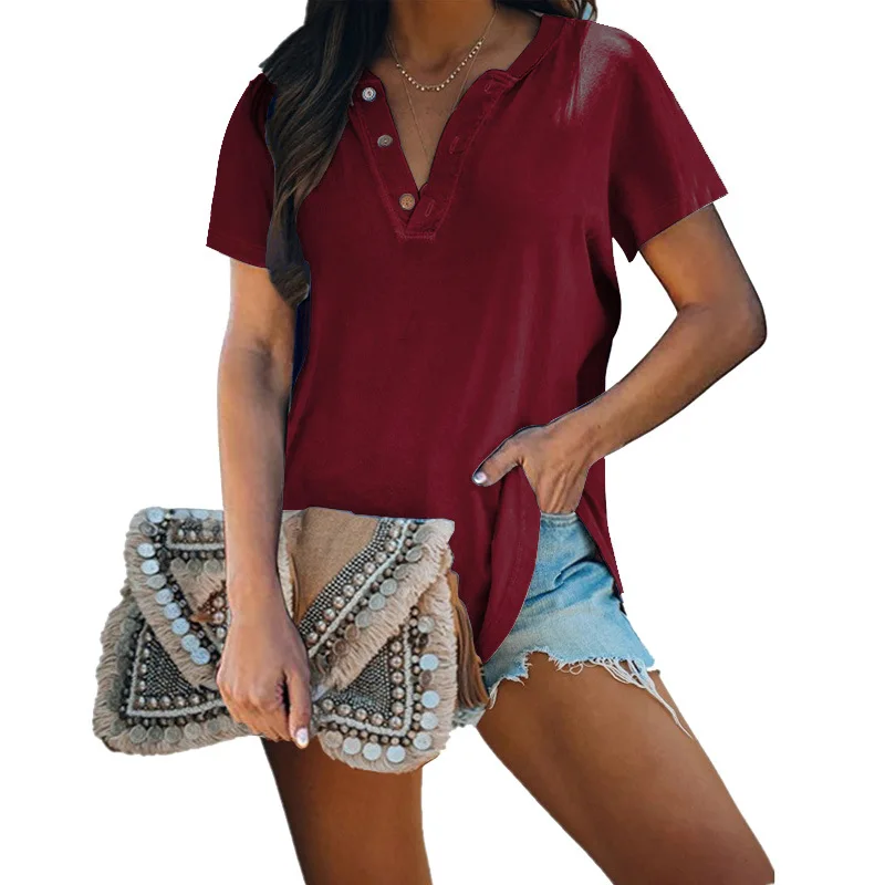 New European And American Cross-border Women's Solid Color Blouse V-neck Button Short-sleeved T-shirt Summer Plus Size
New European And American Cross-border Women's Solid Color Blouse V-neck Button Short-sleeved T-shirt Summer Plus Size