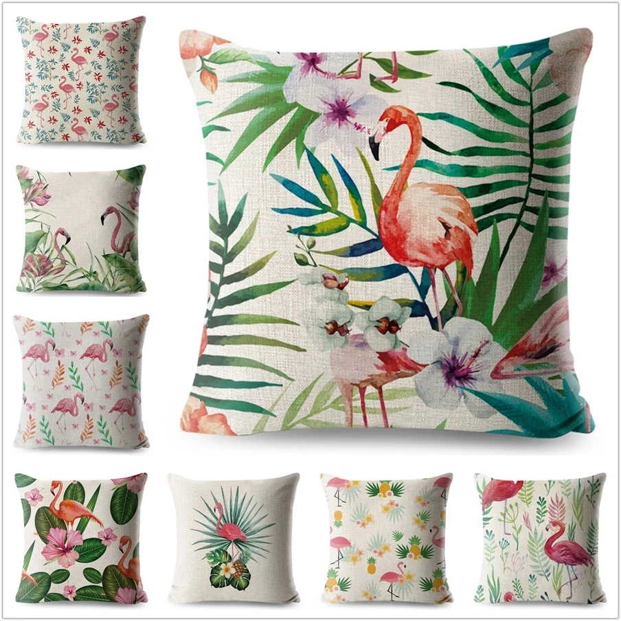 

Cartoon Flamingos Pillowcase Decorative Tropical Palm Green Leaf Animals Printed Cushion Cover for Sofa Polyester Pillow Case