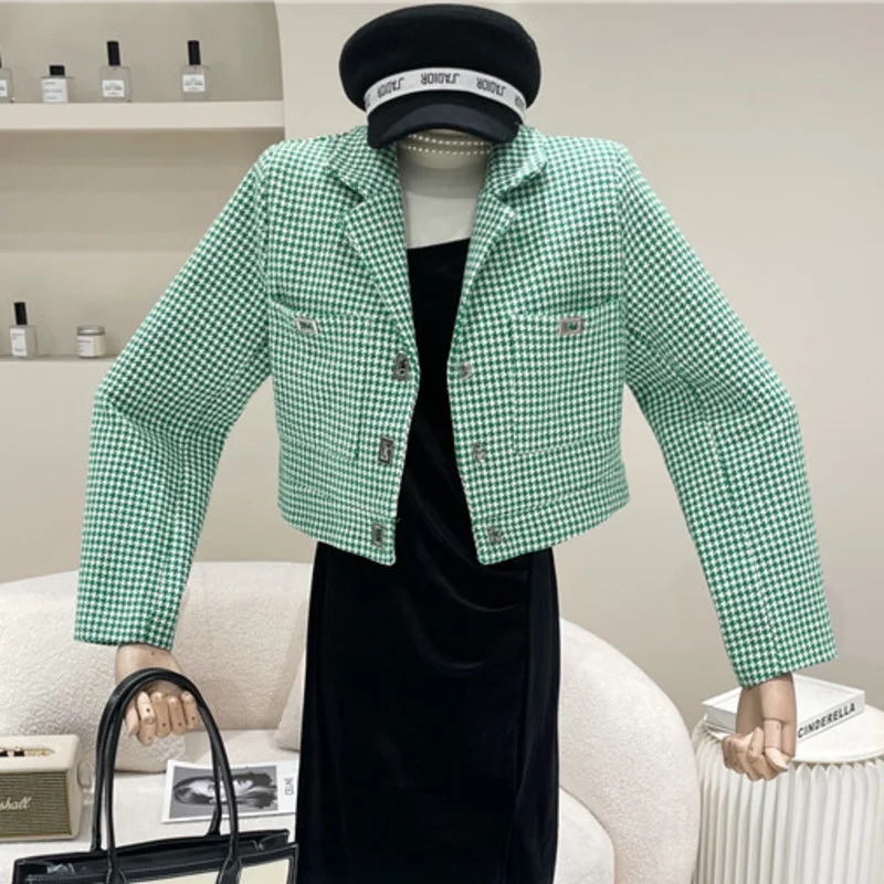 Autumn Winter Women's Vintage Houndstooth Tweed Jacket Coat Korean Fashion Slim Ol Short Coats Female's Casual Outwear Crop Top
Autumn Winter Women's Vintage Houndstooth Tweed Jacket Coat Korean Fashion Slim Ol Short Coats Female's Casual Outwear Crop Top