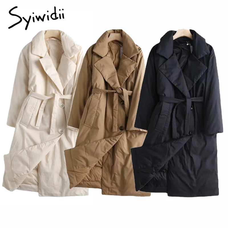 Syiwidii Woman Long Parkas Cotton Casual Warm Fall 2021 Loose Clothing for Women Jacket Single Breasted Winter Coats with Belt | Женская