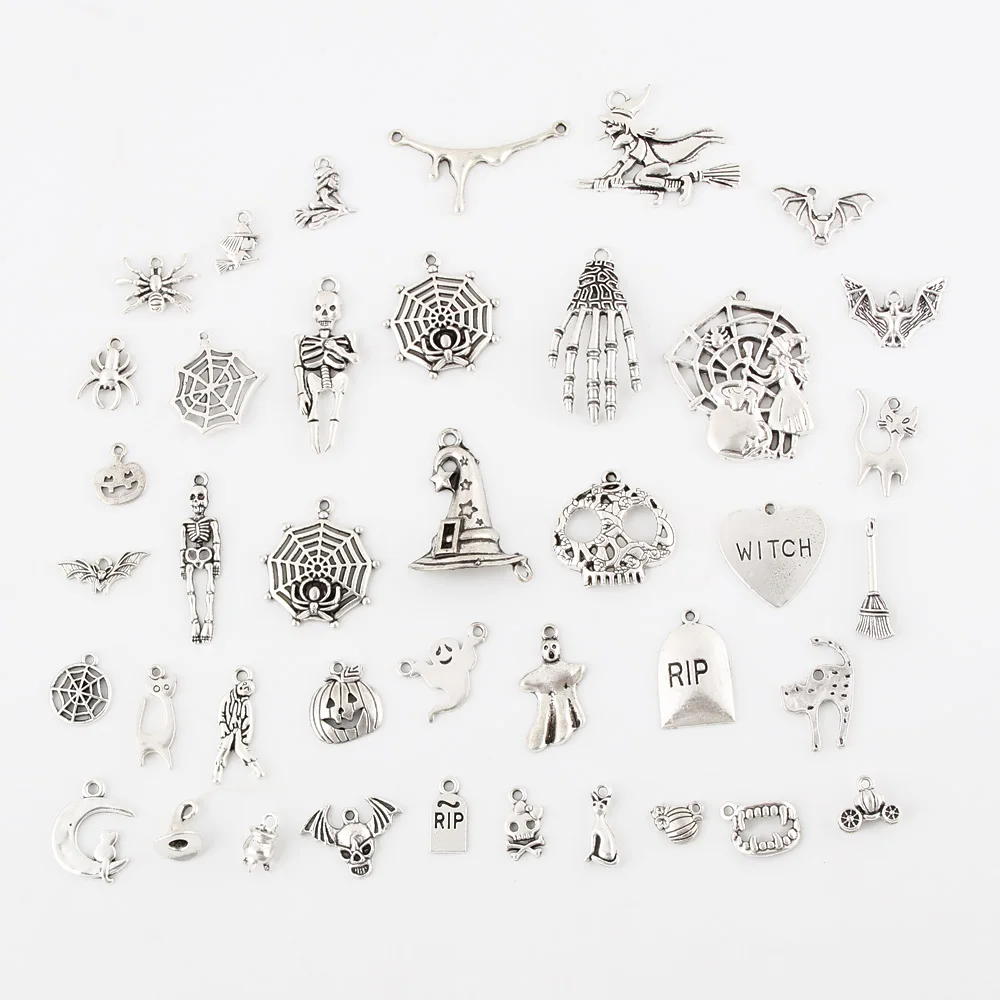 

40pcs Mix Silver Color Halloween Pumpkin lantern Charms Witch Hat Ghost Pendants Collection DIY Handmade Jewelry Accessorie M222