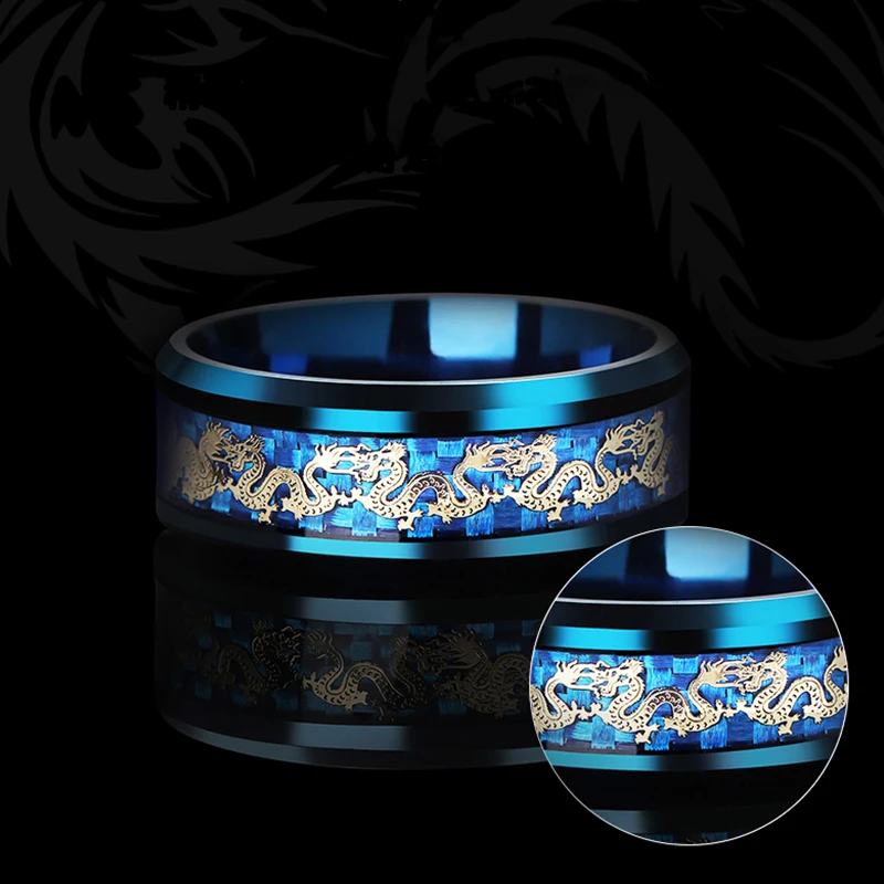 Titanium Steel Dragon Rings Blue Carbon Fiber Gold Dragon Inlay Comfort Fit Stainless Steel Man's Gifts Wedding Band Jewelry
Titanium Steel Dragon Rings Blue Carbon Fiber Gold Dragon Inlay Comfort Fit Stainless Steel Man's Gifts Wedding Band Jewelry